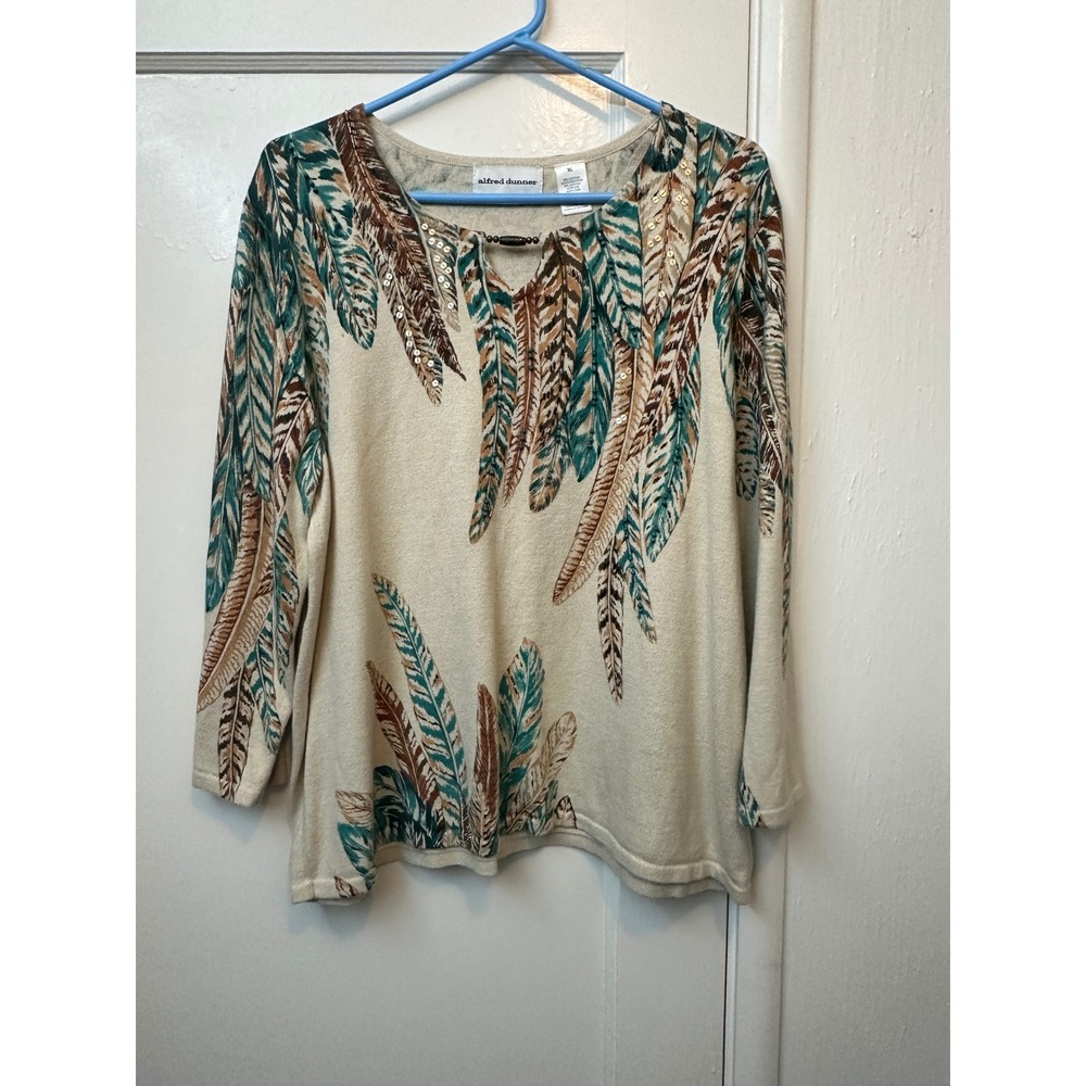 Alfred Dunner Womens XL Feather Print Sequin Beaded Split Neck Sweater Tan Teal